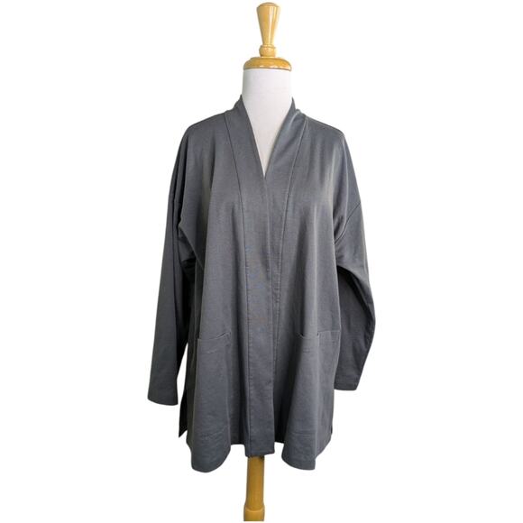 Eileen Fisher Organic Cotton Jersey High Collar Jacket Large Gray Neutral - Picture 1 of 11